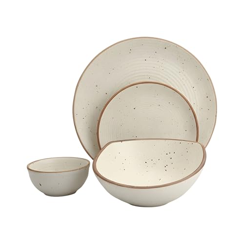 Image of Miah Decor Ceramic Dinner Set - 14-Piece Handmade Stoneware | 4 Bowls, 4 Quarter Plates, 4 Dinner Plates & 2 Serving Bowls | Off White Ribbed Matte Finish | Microwave & Dishwasher Safe | Ideal Gift