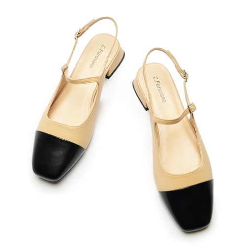 C. Paravano Square Toe Slingback Sandals for Women | Women's Slingback Flats | Sandals for Women | Block Heel Slingback | Closed Toe Sandals Women