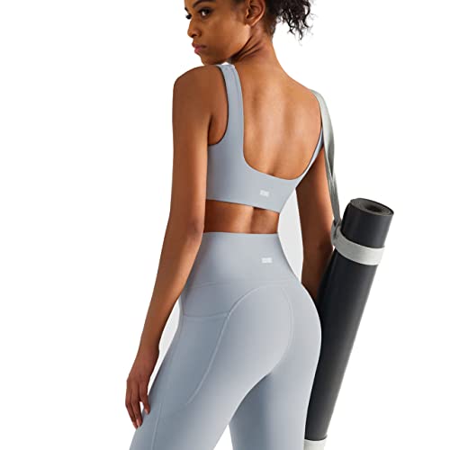 Sport Leggings Damen High Waist mit Buachkontrolle, Lycra® Spandex bietet Figure Shaping Stretch Atmungsaktiv, Yogahosen mit Tasche, Blickdicht Fitness Bekleidung Set für Workout-Grau-M