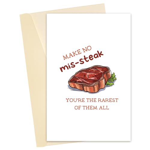 Heyshoo Humor Steak Love Card for Him Food Pun Retirement Greeting Card Make No Mis-Steak Youre the Rarest of Them All Any Occasion Card