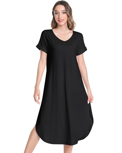 Image of NACHILA Nightgowns for Women-Viscose Made from Bamboo, V Neck Sleepshirts Short Sleeve Sleepwear Cool Nightshirt