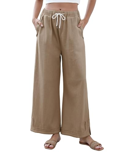 Athlisan Womens Baggy Wide Leg Palazzo Pants Casual Loose Drawstring Elastic Waisted Lounge Trousers with Pockets(Khaki-L)