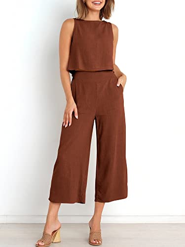 Image of ANRABESS Women's Summer 2 Piece Outfits Sleeveless Tank Crop Button Back Top Cropped Wide Leg Pants Set Pockets