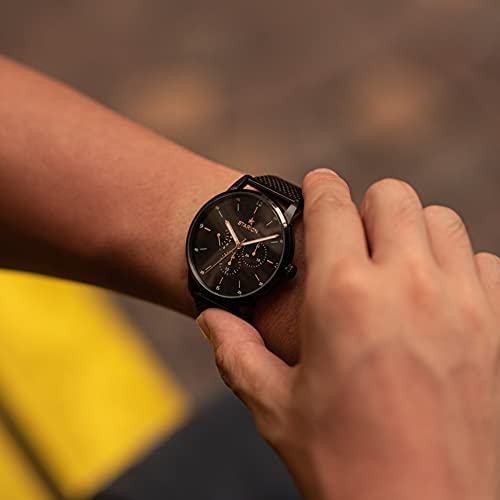 Starion Watches - Eclipse Watch For Men - Japanese Multifunction Movements - Classy Water Resistant Watch - 42Mm Case - Stainless Steel Case, Tan Leather Strap, Black Dial #TOP2