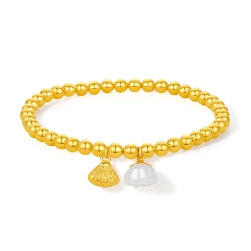 24K Solid Gold Beaded Bracelets White Jade Lucky Lotus Seedpod Stretch Bracelet Pure Gold Shell Charm Bracelet Fashion Jewelry for Women Wife Mom 6.3