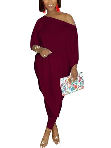 Chatinction Two Pieces Lounge Suit for Women Loose Off Shoulder Asymmetrical T Shirts Jogging Pants Sportwear Jumpsuits Wine Red XL