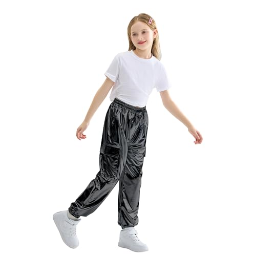 Image of Rolanko Girls Shiny Metallic Cargo Pants, Sparkle Jogger Pants for Girls Hip Hop Dance Streetwear Cargo Trousers 6-15 Years
