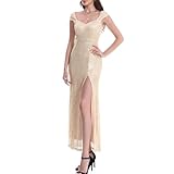 Timathous Women's Bodycon Spaghetti Straps Sequin Slit Maxi Dress Sparkly Glitter Club Party Dresses (202-Champagne-M)
