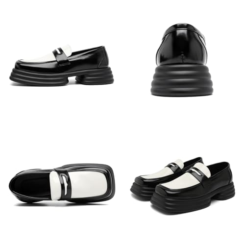 Mens Genuine Leather Slip On Chunky Platform Square Toe Penny Loafers Lug Sole Non Slip Color Block Business Casual Dress Shoes for Office Work Daily Wear Formal Events Weddings2