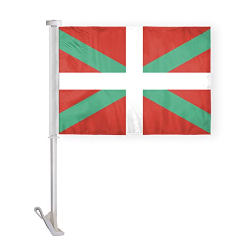AGAS Basque Lands Car Flag Premium 10.5x15 inch Printed Double Sided on Super Knit Polyester Fabric Double Stitched 19 Inch White Plastic Unbreakable Stiff Pole High Visibility Basque St Andrews Cross National Car Flag