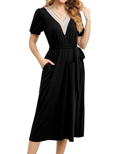 Women's Summer Elegant Short Sleeve V-Neck Double Pockets Dresses Casual Midi Length Flared A Line Dress with Belt 7083