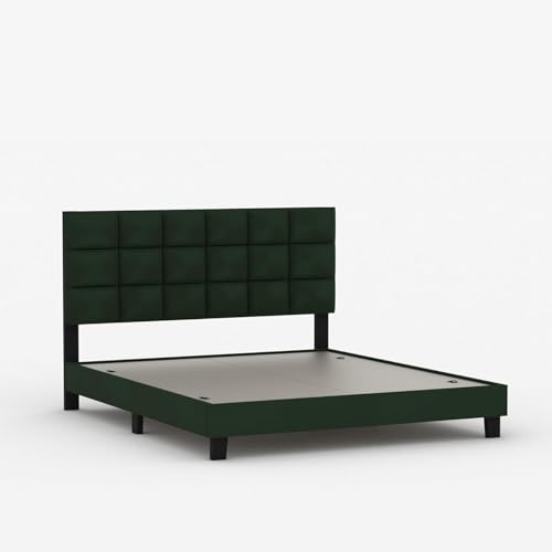 Image of Wooden Modern Upholstered Queen Size Bed for Bedroom | Wooden Double Bed Without Storage | Platform Cot Upholstered Bed with Upholstery Fabric | Engineered Wood | 6.5 x 5 Ft | Green-A