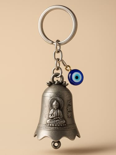 Tiny Tim Evil Silver Monk Design Guardian Bell Keychain with Evil Eye Charm – Unique Antique Finish Metal Bell for Protection, Good Luck & Decorative Purposes (Evil Silver Monk)