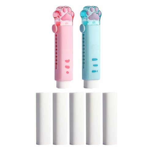 GZBABY Borradores retráctiles en forma de pata de gato, paquete de 2, borradores de empuje y tracción con 5 recambios de goma, compactos y portátiles (rosa, azul)