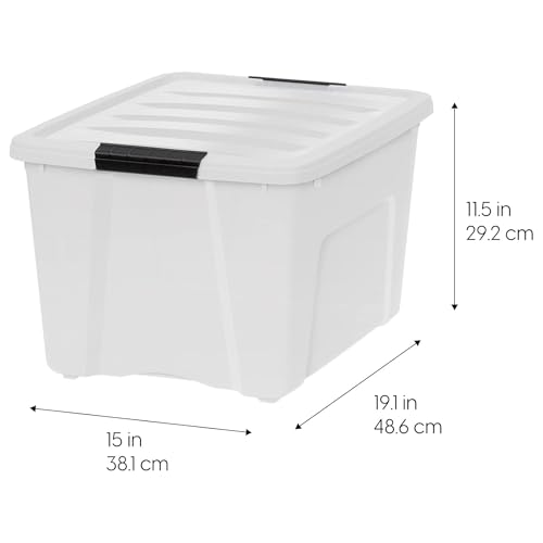 Image of IRIS USA 40 Qt Stackable Plastic Storage Bins with Lids, 4 Pack - BPA-Free, Made in USA - Discreet Organizing Solution, Latches, Durable Nestable Containers, Secure Pull Handle - Pearl