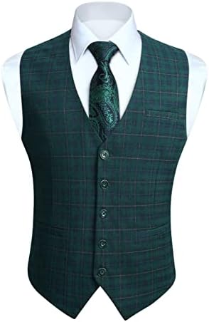 HISDERN Men's Suit Vest Business Formal Dress Vests Slim Fit Cotton Suit Vest for Men Casual Fashion Plaid Waistcoat for Tuxedo Wedding Green Vest