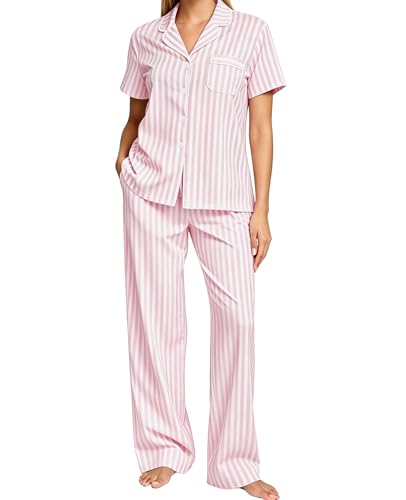 Image of SWOMOG Women Pajama Sets Two-Piece Nightwear Short Sleeve Sleepwear Button Down Pj Lounge Sets with Long Pants