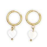 Creolen Ohrringe mit Muschel Herz Anhänger in Rosé oder Weiß, Edelstahl Ohrringe in goldfarben als Brautschmuck, Geschenk für Brautjungfer und Trauzeugin zur Hochzeit