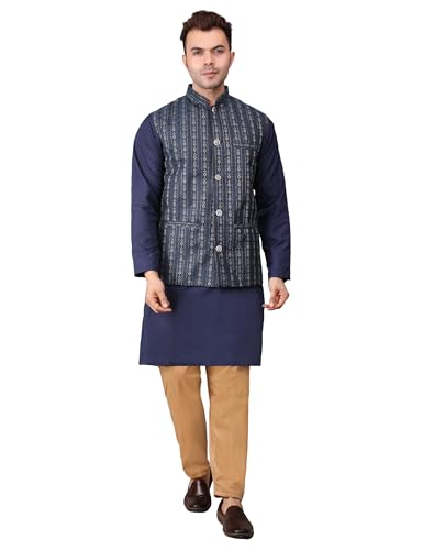 Image of Men's Cotton Silk Blend Regular Kurta Pyjama, Embroidered Nehru Jacket /Waistcoat Set