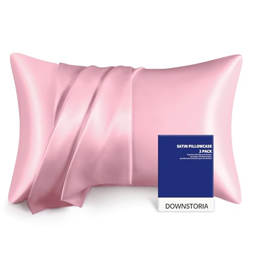 DOWNSTORIA Satin Pillowcase for Hair and Skin Similar to Silk Pillow Cases 2 Pack,Smooth and Cooling, Silky Pillow Cover with Envelope Closure Set of 2, Gifts for Women Men(20x40 Inches, Pink)
