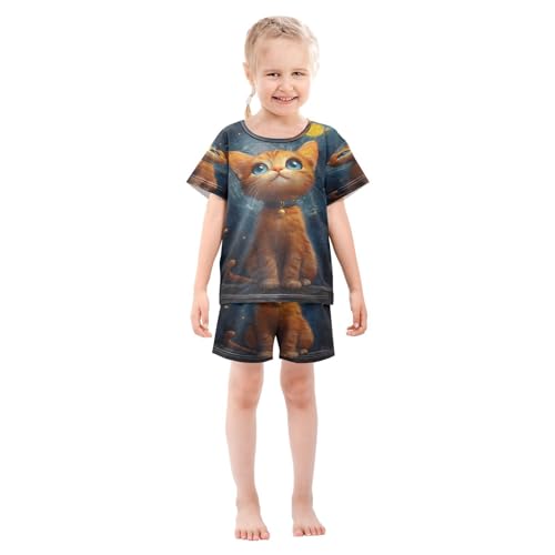 ALAZA Van Gogh Cat Moon Kitten Galaxy Pajamas Set Short Sleeve Cotton Sleepwear Summer Pjs 2 Piece 5-14Y3