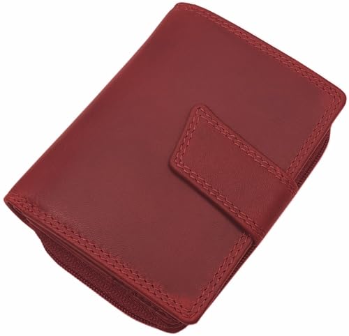 Kleine Echt Rindleder Damen Geldbörse/Geldbeutel/Portemonnaie/Geldtasche in Hochformat mit RFID & NFC Schutz (Ohne Motiv/Kirschrot)