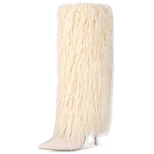 Mandiaupup Fold Over Fur Boots for Women Stiletto High Heel Fringe Side Zipper Pointed Toe Party Wedding Bridal Clubwear Evening Beige Faux Fur Knee High Boots Size 7