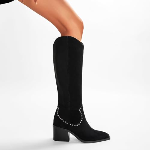 Image of GOSERCE Suede Knee High Boots for Women Pointed Toe Chunky Heel Tall Fall Boots Side Zipper with stud Details Black 10.5