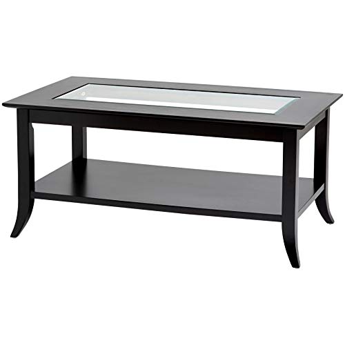 Phoenix Home Parla Rectangular Wood Coffee Table with Glass Top and Bottom Shelf, Coffee Black