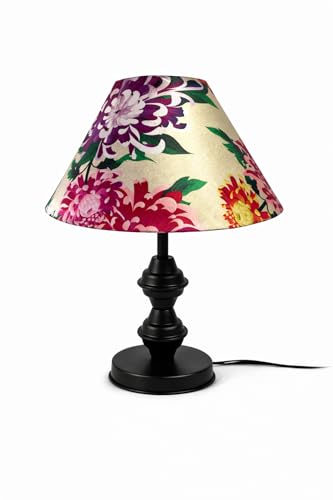 Image of tu casa Modern Table Lamp with Crimson Floral Satin Shade | Metal Iron Base Decorative lamp for Living Room| Study & Home Decor, Designer Table Lamp for Gifting (Crimson Floral)