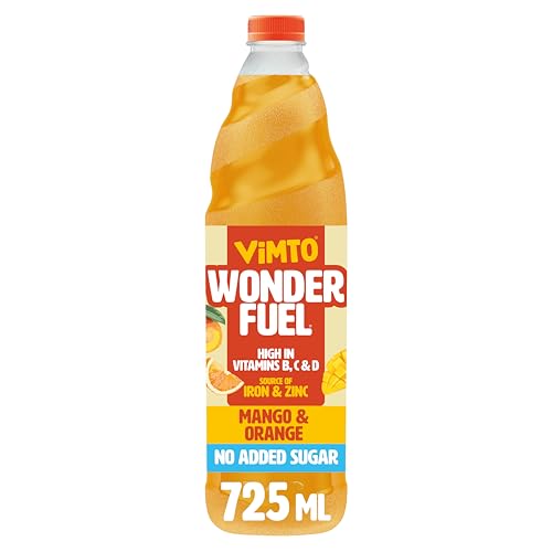 Vimto Wonderfuel Squash – No Added Sugar – Vitamins B, C & D – Iron & Zinc – 725ml – Breakfast Functional Drink – Mango & Orange