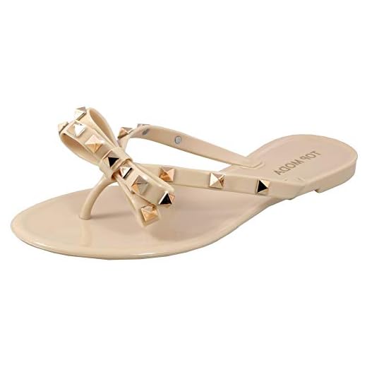 TOP Moda Womens Studded Jelly Flip Flops Sandals with Bow, Nude, 7
