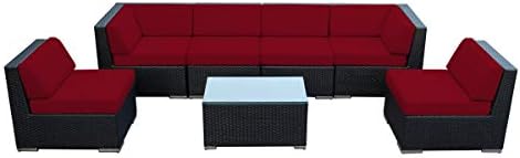 Ohana Collection PN0703RD 7 Piece Sectional Outdoor Patio Furniture, Black Wicker with Red Cushions