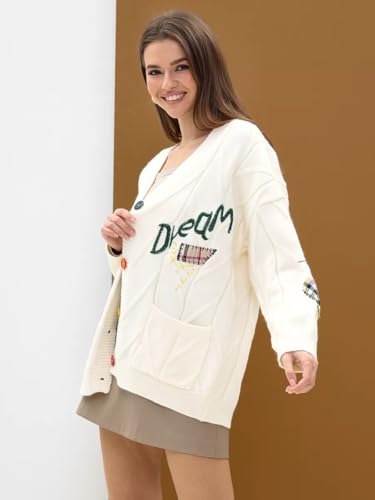 Image of Women's Cable Knit Open Front Cardigan V-Neck Button Down Embroidery Wool Blend Sweater Coat