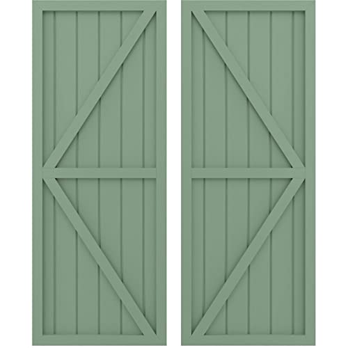 Ekena Millwork ARW102BF621X78TGH Americraft Six Exterior Real Wood Two Equal Panel Framed Board-n-Batten Shutters w/Double Z-Bar (Per Pair), 21"W x 78"H, Track Green