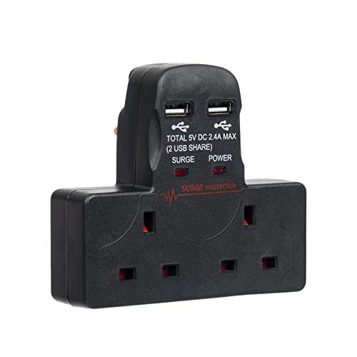 Invero 2 Way Gang Cable-Free Multi-Plug 13A Wall Socket Adaptor with 2x USB Charging Ports 2.4A - Surge Protected - Neon Indicator - Black