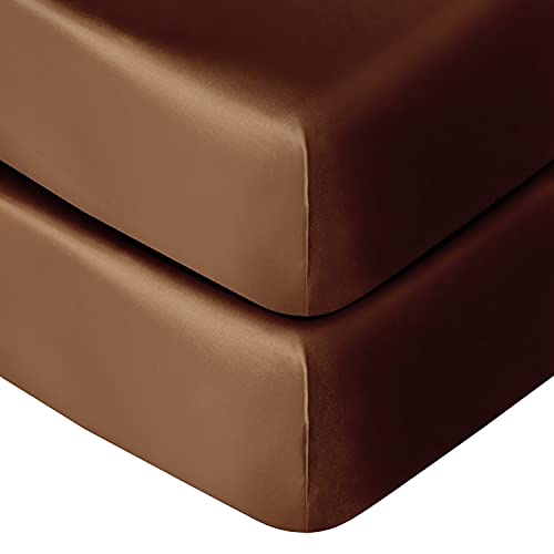 Image of NTBAY 2 Pack Silk Satin Fitted Crib Sheet, Super Soft and Silky 28x52 Crib Sheet for Standard Crib and Toddler Mattresses, Boys, Girls, Unisex, Brown, 28x52 Inches