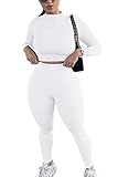 Mulisky Women’s 2 Piece Outfits Bodycon Tracksuit Long Sleeve Crop Tops Long Pants Set Sportswear White S