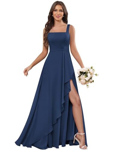 Square Neck Chiffon Bridesmaid Dresses with Slit Sleeveless Ruffle A Line Long Formal Evening Gowns