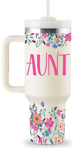 ROSTANTEN Aunt Gifts Auntie Gift Ideas Birthday Gifts for Aunt Best Auntie Ever Gift from Niece Nephew 40oz Travel Cup Insulated Tumbler with Handle & Straw