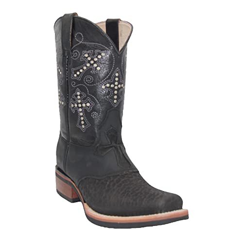 Men’s Genuine Leather Square Toe Cross Embroidered Mid Calf Cowboy Western Boot