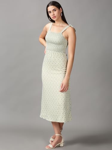 Image of SHOWOFFFF Women Printed Fit and Flare Casual Dress | Square Neck Sleeveless Crepe Dress for Womens | Maxi Dress for Women's