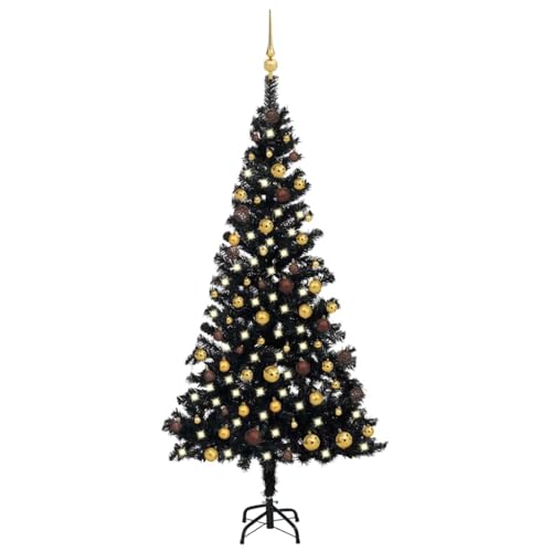 Home Garden - Árbol de Navidad artificial preiluminado con bolas de PVC negro, 180 cm
