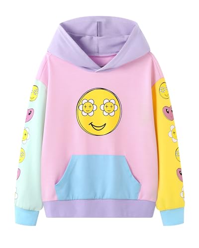Latnnut Girls Pullover Hoodies Patchwork Graphic Printed Hooded Sweatshirt with Pocket Pink Size 11-12