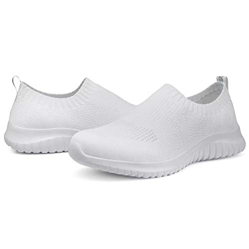 Konhill Women's Walking Tennis Shoes - Lightweight Athletic Casual Gym Slip On Sneakers 5 Us White #TOP6