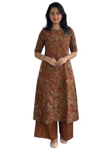 Image of ANNI Designer Women's Rayon Viscose Straight Printed Kurta with Palazzo | Elbow Length Sleeve Kurti Set | Close Neck with Back Slit | Soft Comfortable Fabric | 2 Piece Outfit