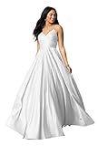 Spaghetti Strap V Neck White Wedding Dresses for Bride with Pockets A Line Long Satin Formal Prom Evening Ball Gown US16