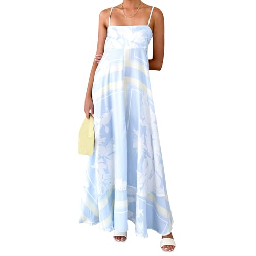 Image of NUFIWI Women Summer Striped Maxi Dress Spaghetti Strap Cutout Ruffle Long Dress Flowy Swing Beach Vocation Dress
