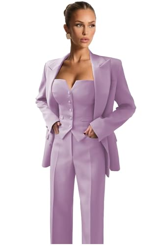 LEWIJO Womens Suit Petite 3 Piece Light Purple Suits for Women Wedding Guest Double Breasted Tuxedo Casual Square Neck Womens Suits Size Small