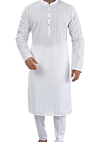 Men's Kurta Pajama White Cotton Lucknowi Chikankari Kurta Pajama Set Wedding Designer Kurta Payjama BY CHAMAN TEXTILE MADE2